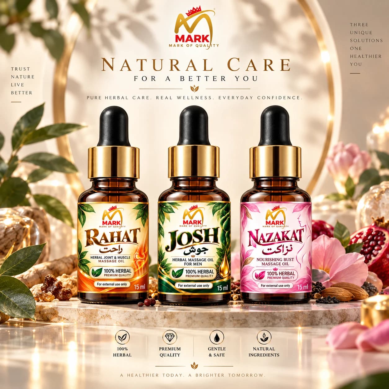 MARK Josh, Rahat and Nazakat herbal oils — three products, one standard of care